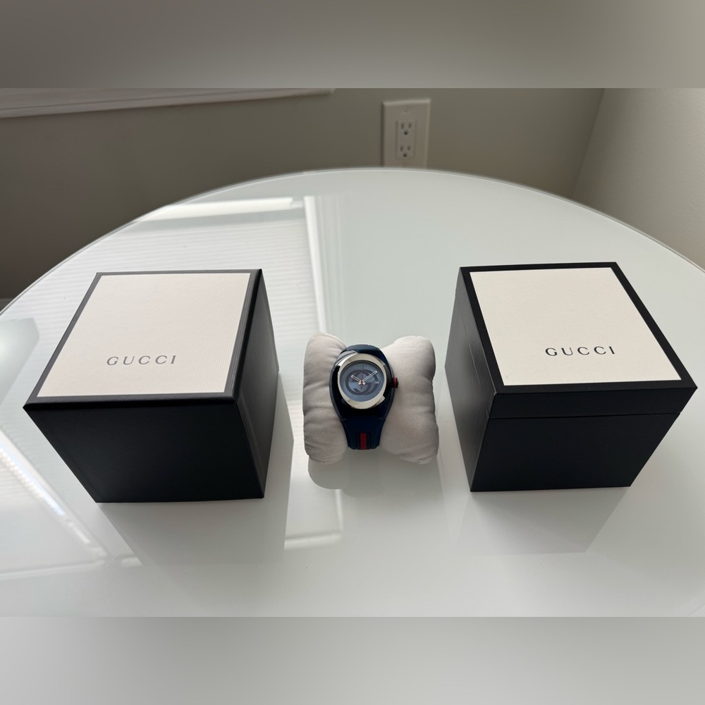 Gucci Swiss Made Stainless Steel Blue & Rubber Sport Watch NWT Boxed Monogram